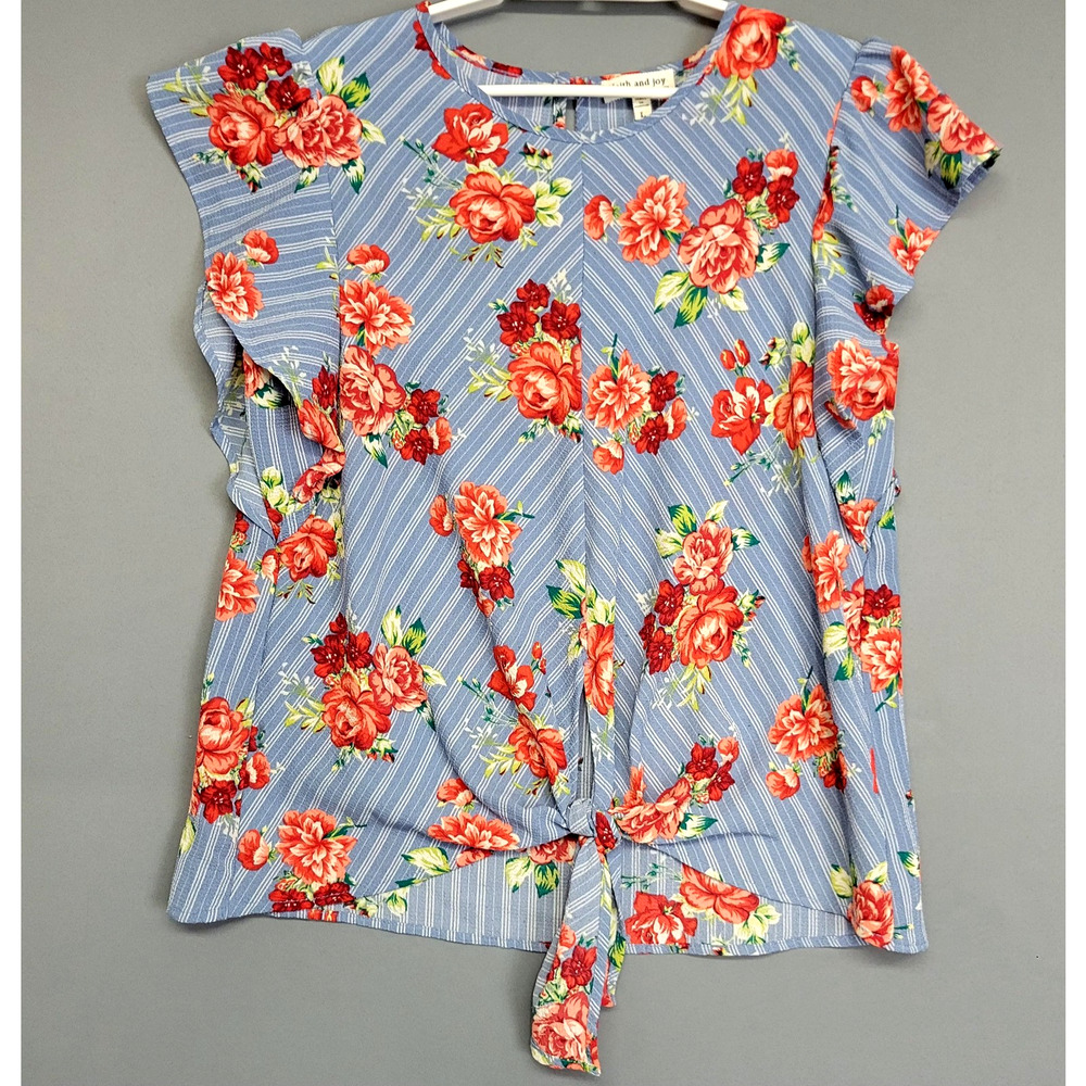 Faith and Joy Shirt Top Womens Large Floral‎ Tie Front Ruffle Sleeve Blouse
